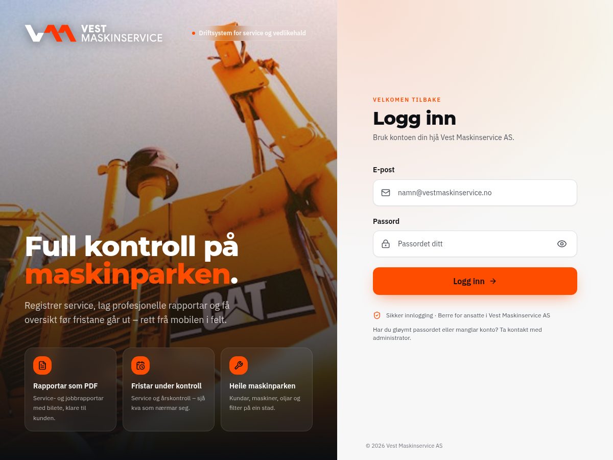 Vest Maskinservice – driftsystem for service og vedlikehald